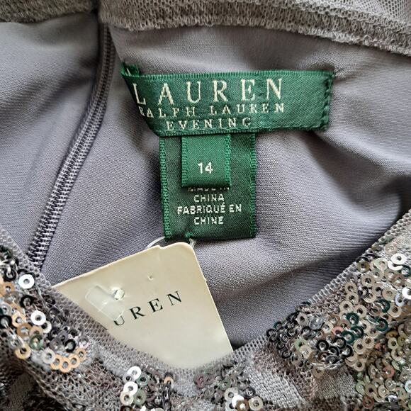NEW Lauren RALPH LAUREN Gray Sequin Cocktail Dress Size 14 Long Sleeve Sheath - Picture 5 of 9